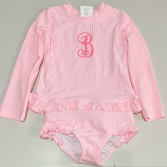 Classic Whimsy Other - Pink Striped Kids 2 piece bathing suit with monogrammed “B”